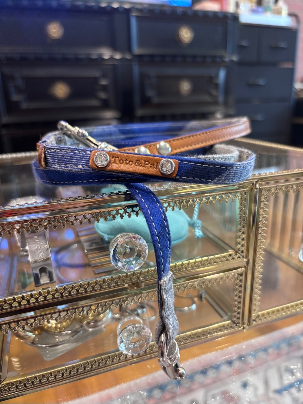 Toto & Pal Blue Plaid Dog Leash with Swarovski Crystals